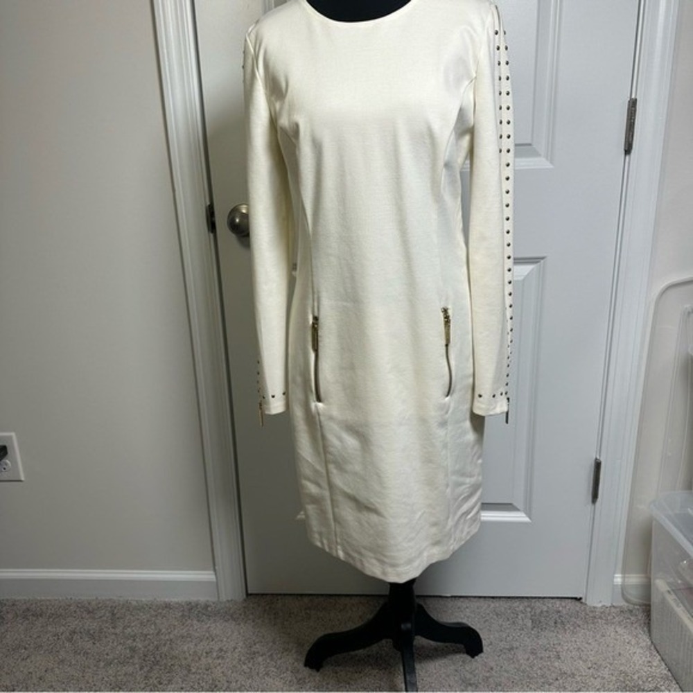 Michael Kors Off White Studded Long Sleeve Zipper Sheath Dress Gold Hardware - Picture 2 of 14